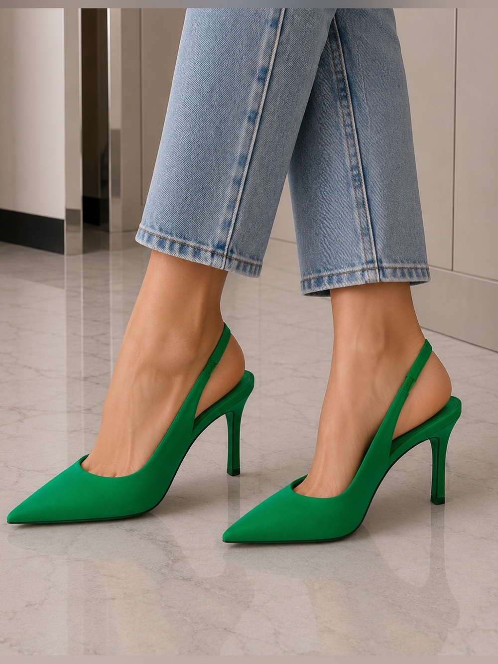Zara Green Pointed Slingback Heels
